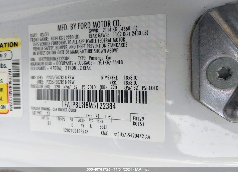 2021 FORD MUSTANG ECOBOOST PREMIUM VIN: 1FATP8UH8M5122384