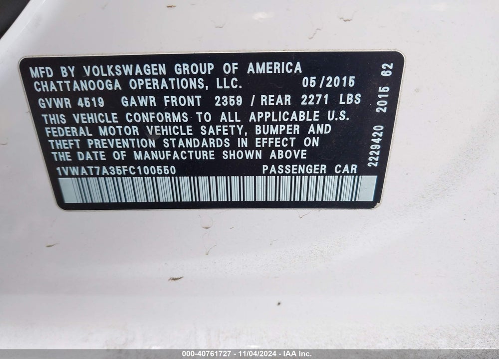 2015 VOLKSWAGEN PASSAT 1.8T WOLFSBURG EDITION VIN: 1VWAT7A35FC100550