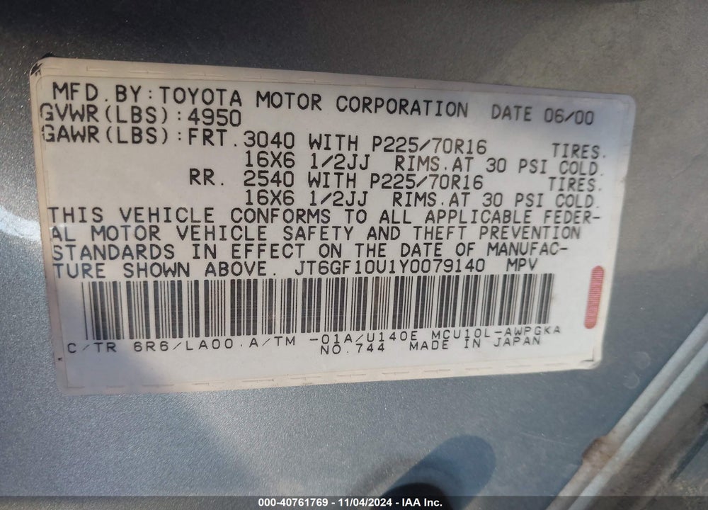 2000 LEXUS RX 300 VIN: JT6GF10U1Y0079140