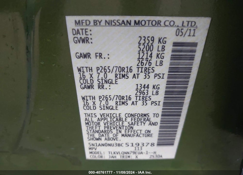 2011 NISSAN XTERRA X VIN: 5N1AN0NU3BC519378