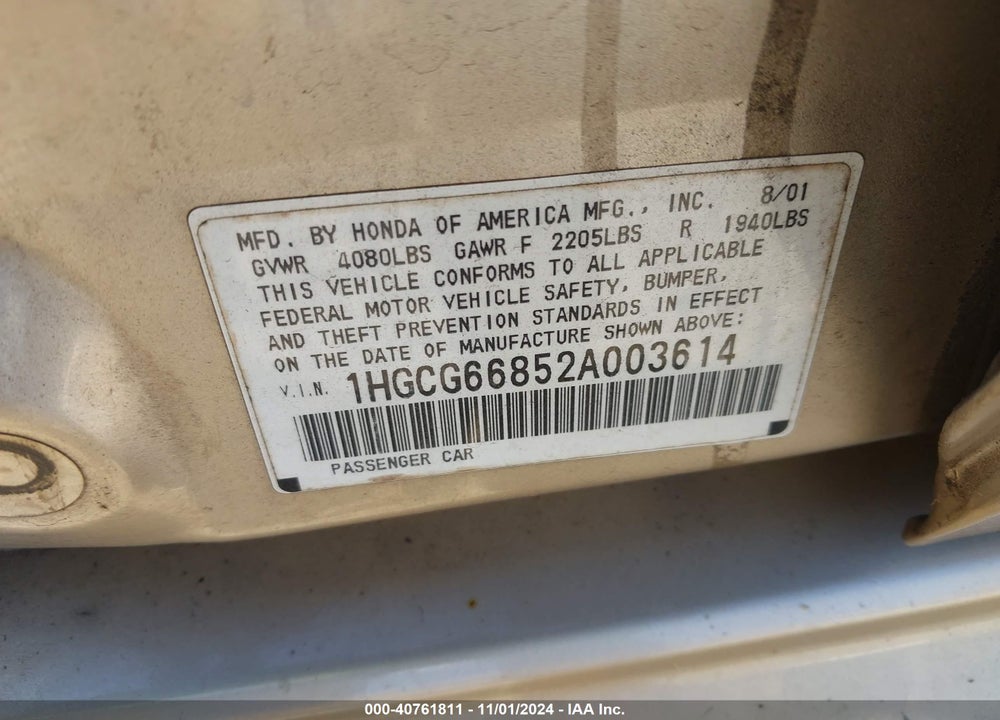 2002 HONDA ACCORD 2.3 EX/2.3 SE VIN: 1HGCG66852A003614