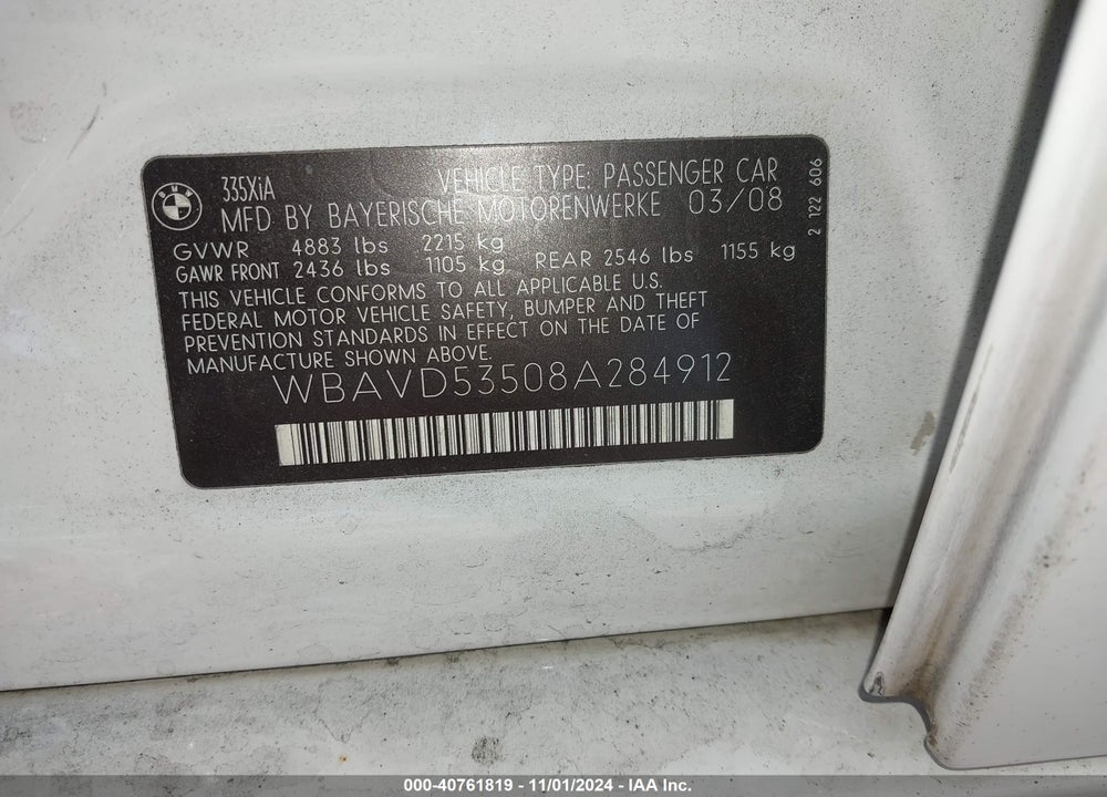 2008 BMW 335XI VIN: WBAVD53508A284912