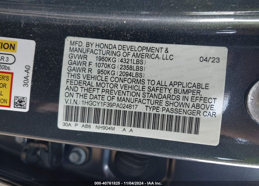 2023 HONDA ACCORD VIN: 1HGCY1F39PA024817
