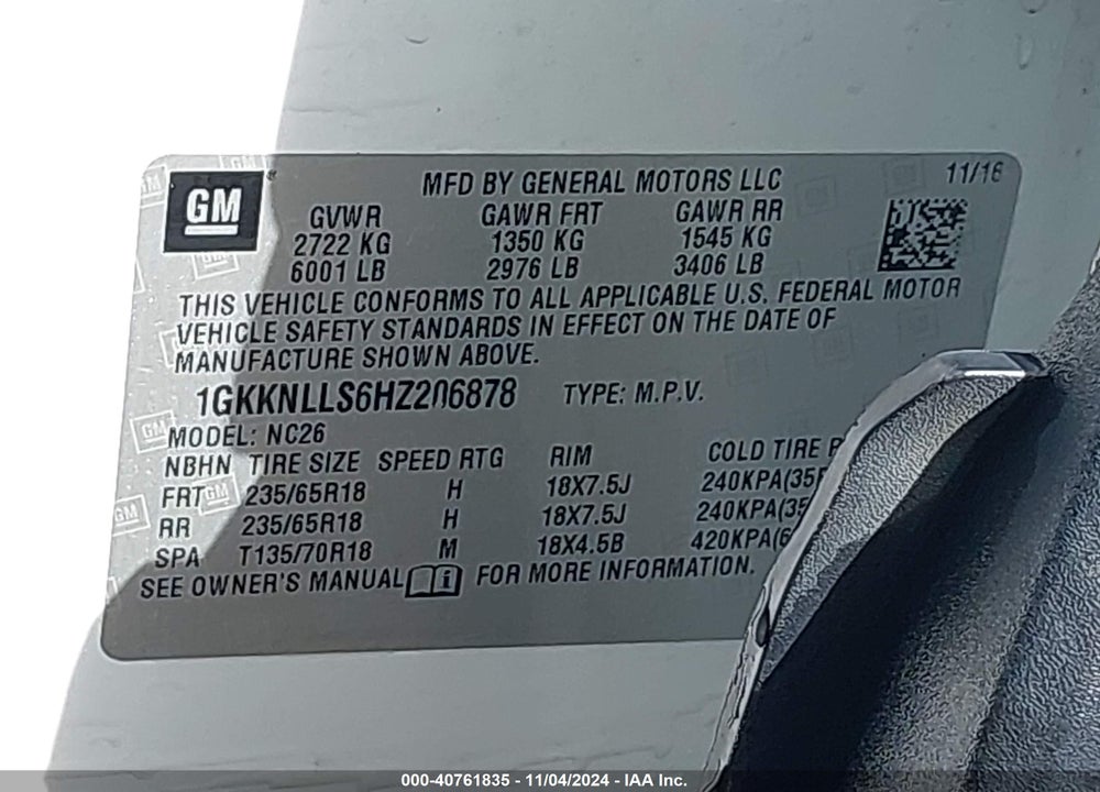 2017 GMC ACADIA SLE-2 VIN: 1GKKNLLS6HZ206878