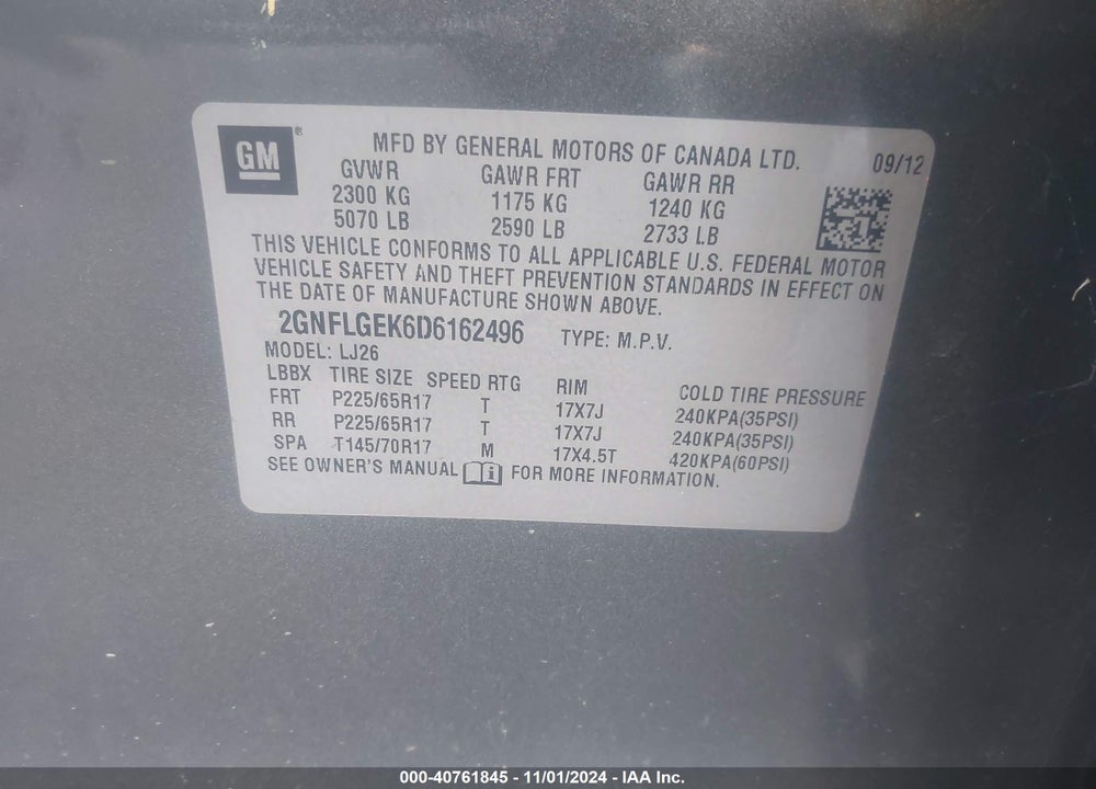 2013 CHEVROLET EQUINOX LTZ VIN: 2GNFLGEK6D6162496