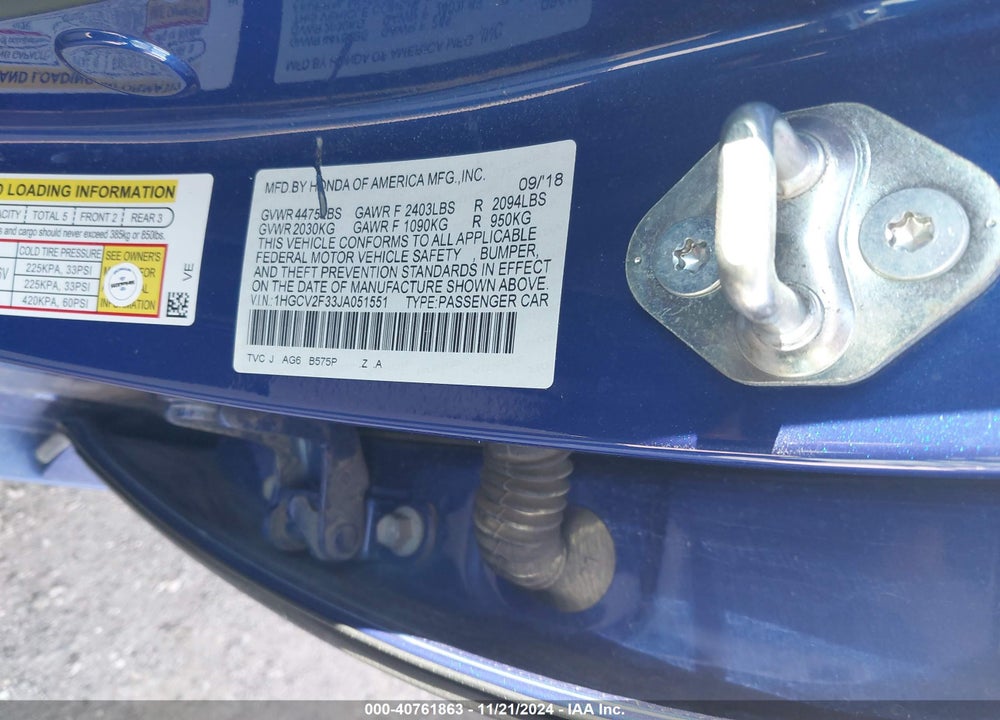 2018 HONDA ACCORD SPORT 2.0T VIN: 1HGCV2F33JA051551