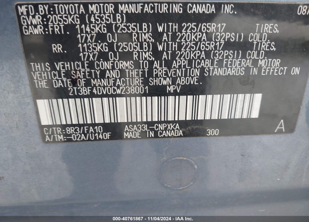 2012 TOYOTA RAV4 VIN: 2T3BF4DV0CW238001