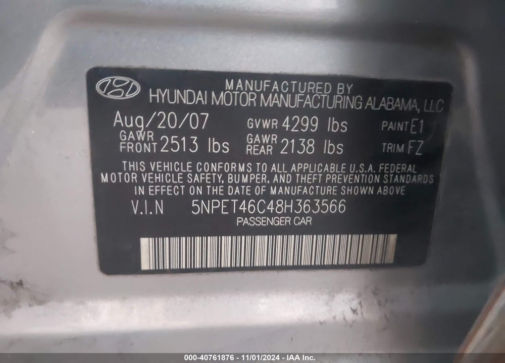2008 HYUNDAI SONATA GLS VIN: 5NPET46C48H363566