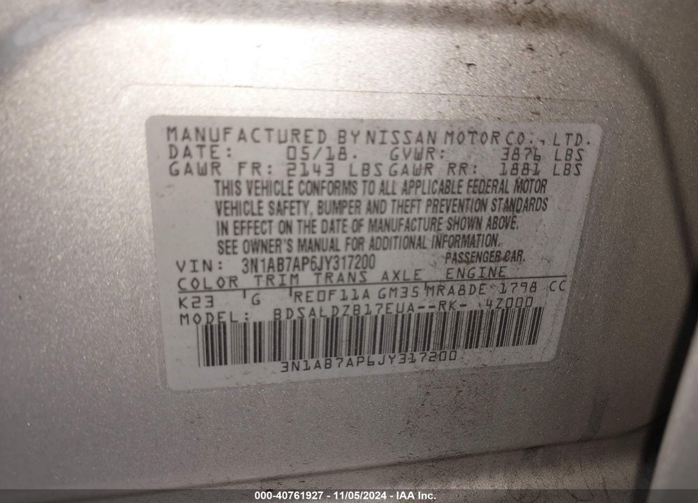 2018 NISSAN SENTRA SV VIN: 3N1AB7AP6JY317200