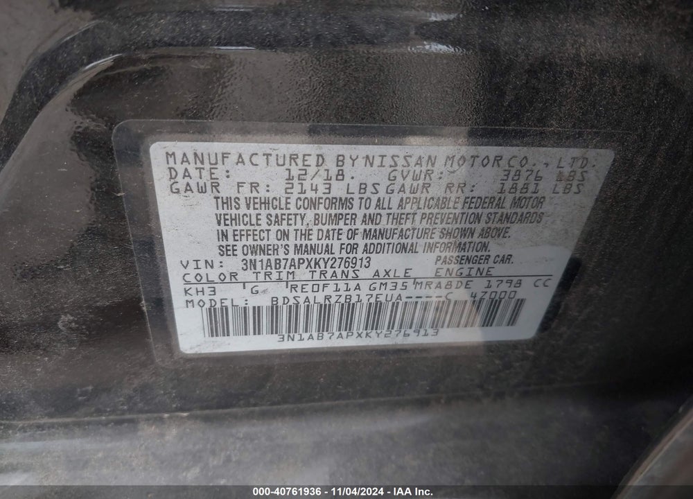 2019 NISSAN SENTRA SR VIN: 3N1AB7APXKY276913