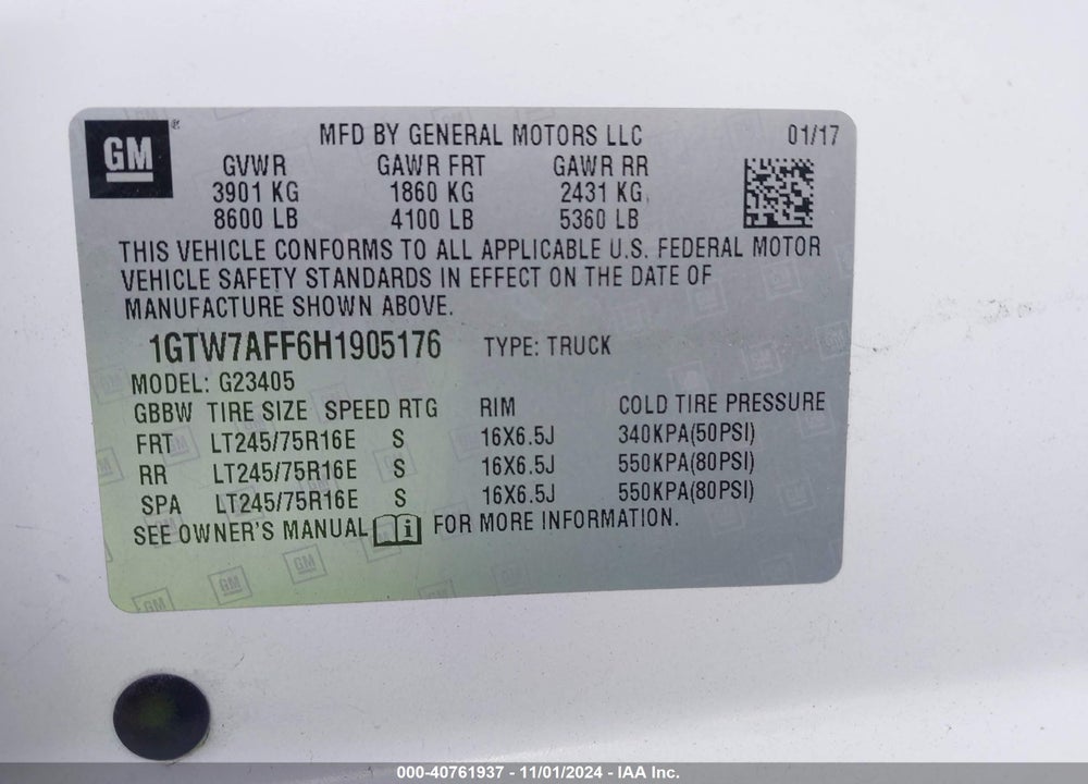 2017 GMC SAVANA 2500 WORK VAN VIN: 1GTW7AFF6H1905176