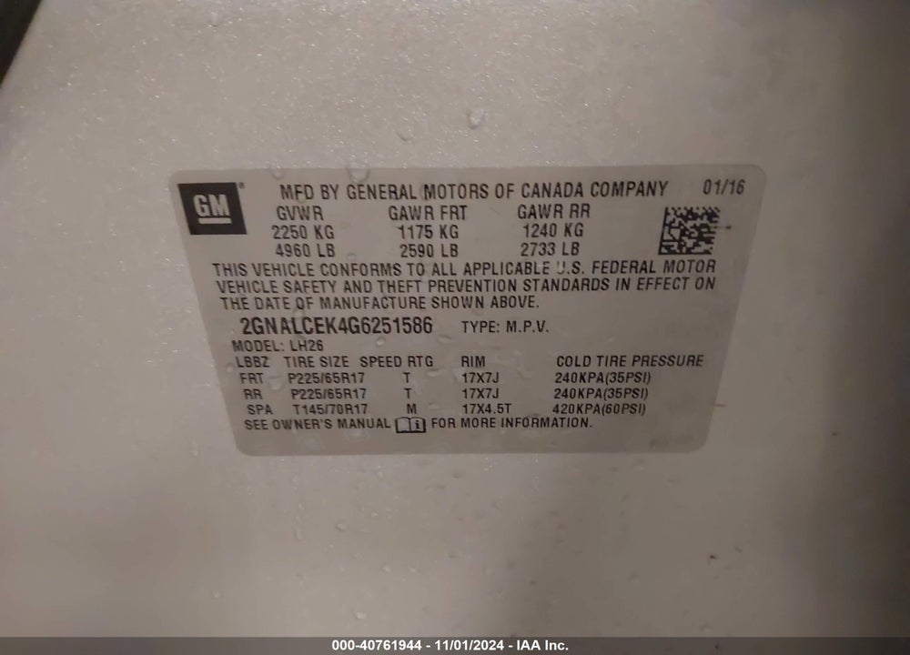 2016 CHEVROLET EQUINOX LT VIN: 2GNALCEK4G6251586
