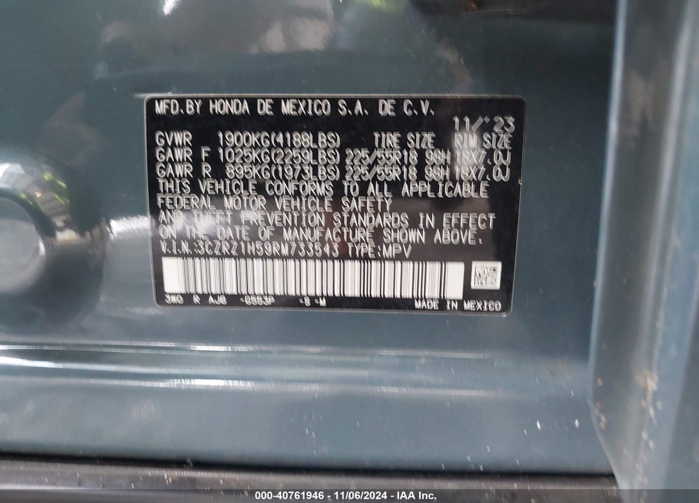 2024 HONDA HR-V VIN: 3CZRZ1H59RM733543