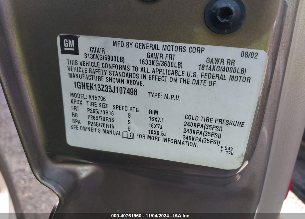 2003 CHEVROLET TAHOE LT VIN: 1GNEK13Z33J107498