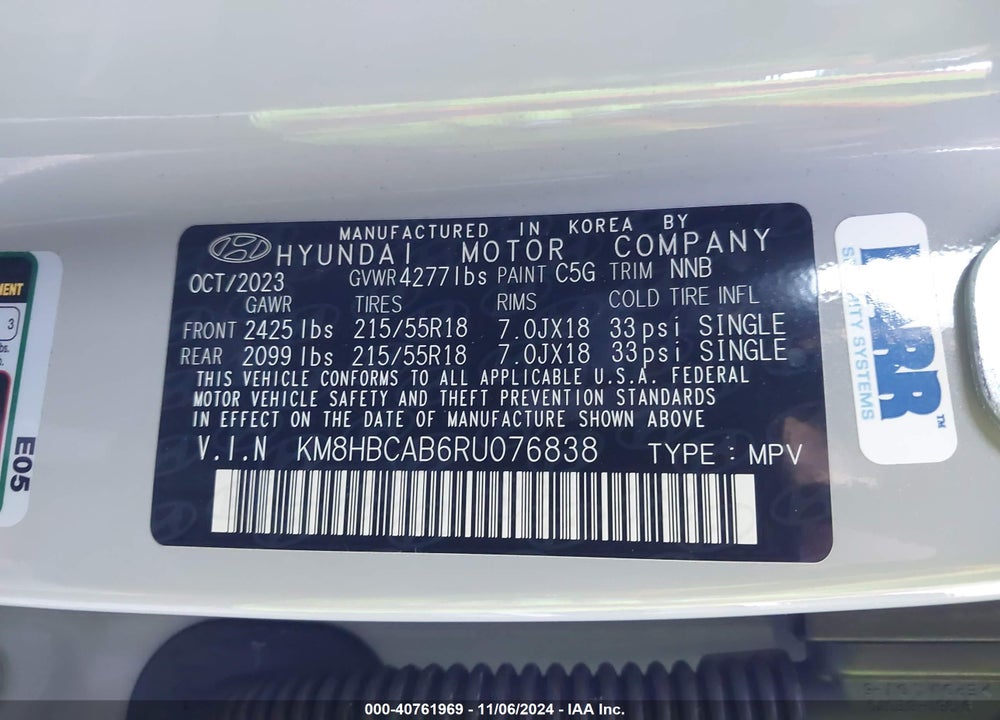 2024 HYUNDAI KONA SEL VIN: KM8HBCAB6RU076838