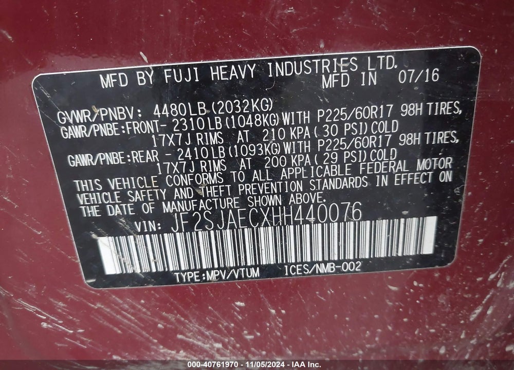 2017 SUBARU FORESTER 2.5I PREMIUM VIN: JF2SJAECXHH440076