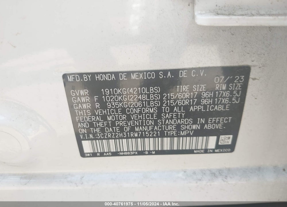 2024 HONDA HR-V AWD LX VIN: 3CZRZ2H31RM715221