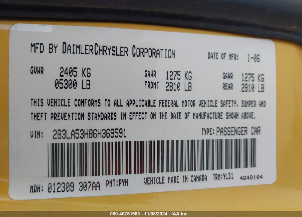2006 DODGE CHARGER RT VIN: 2B3LA53H86H369591