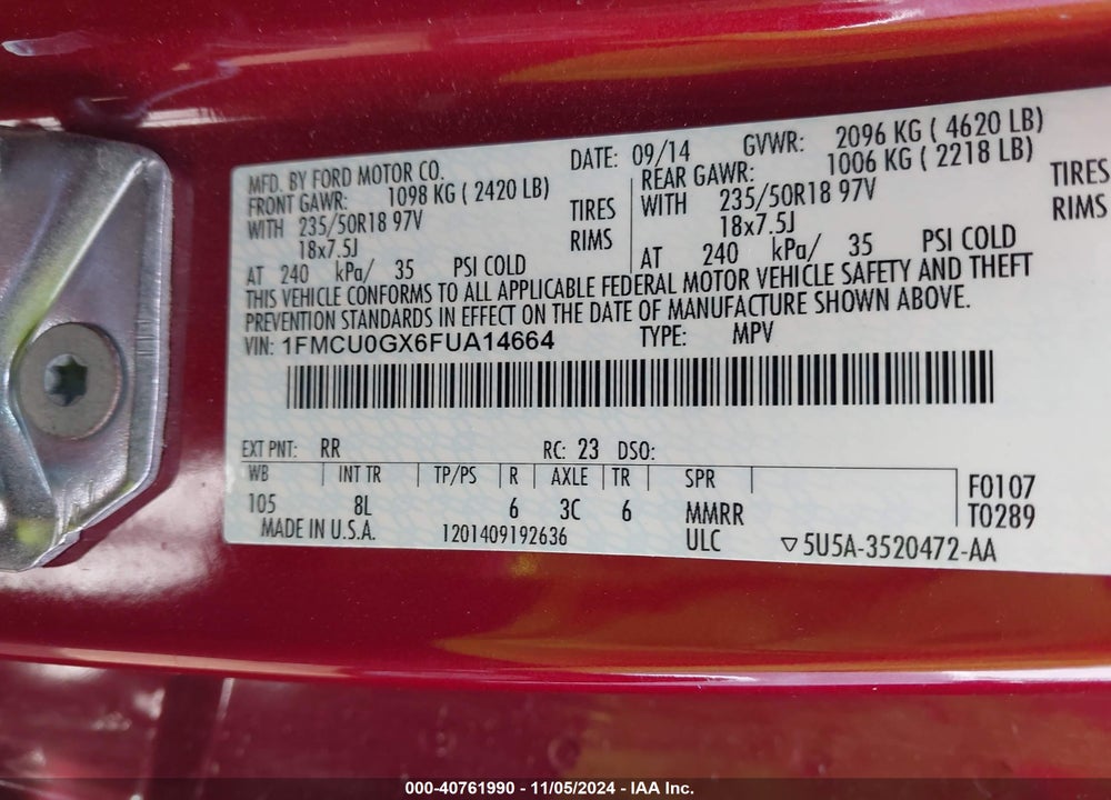2015 FORD ESCAPE SE VIN: 1FMCU0GX6FUA14664