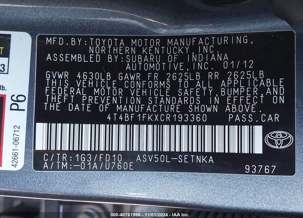 2012 TOYOTA CAMRY LE VIN: 4T4BF1FKXCR193360