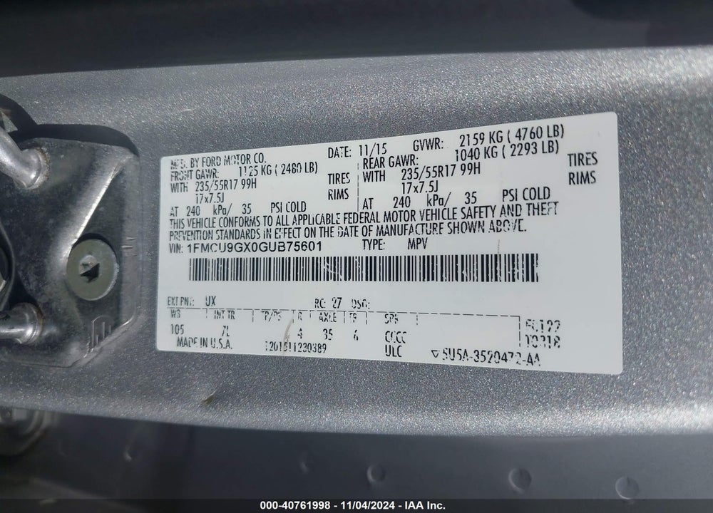 2016 FORD ESCAPE SE VIN: 1FMCU9GX0GUB75601