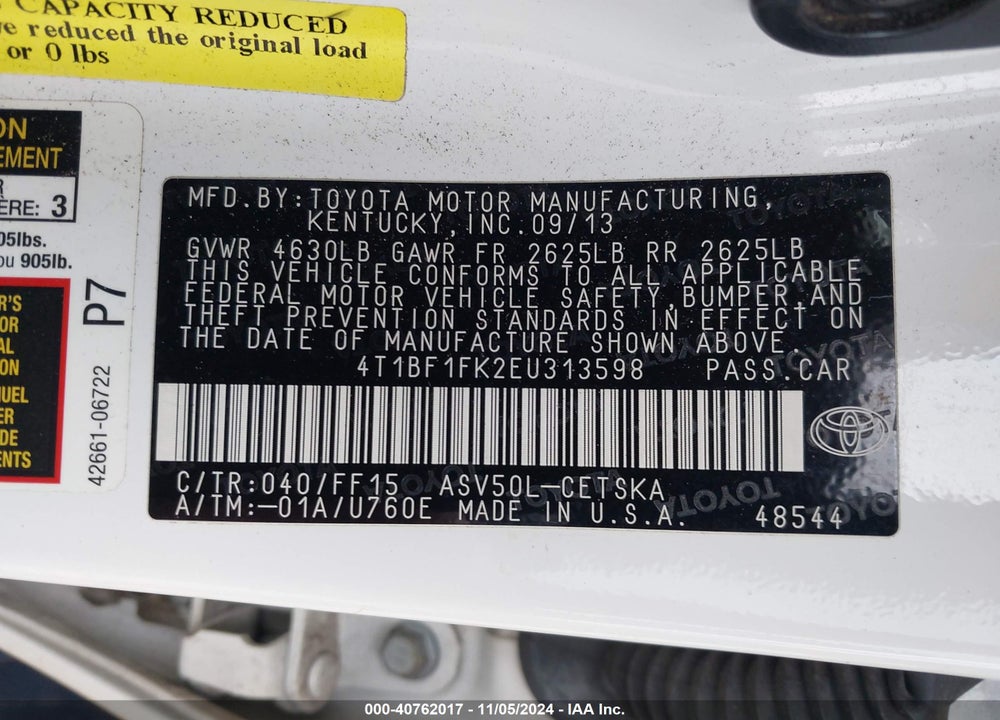 2014 TOYOTA CAMRY SE VIN: 4T1BF1FK2EU313598