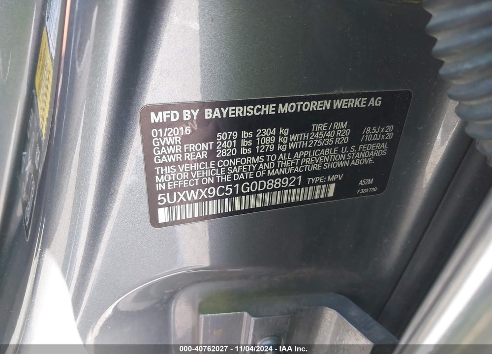 2016 BMW X3 XDRIVE28I VIN: 5UXWX9C51G0D88921
