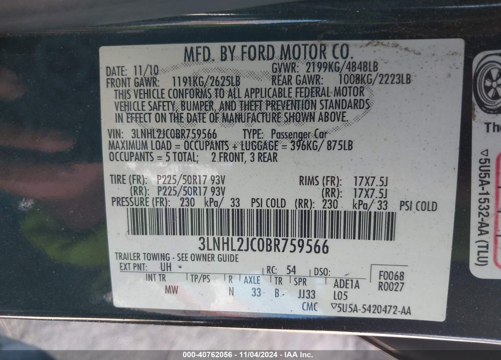2011 LINCOLN MKZ VIN: 3LNHL2JC0BR759566