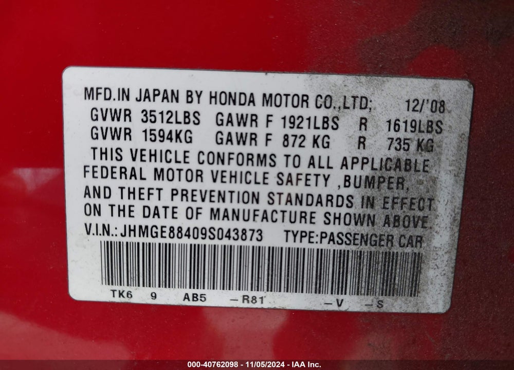 2009 HONDA FIT SPORT VIN: JHMGE88409S043873