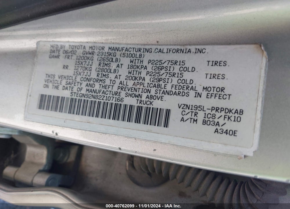 2002 TOYOTA TACOMA PRERUNNER V6 VIN: 5TEGN92N82Z107166