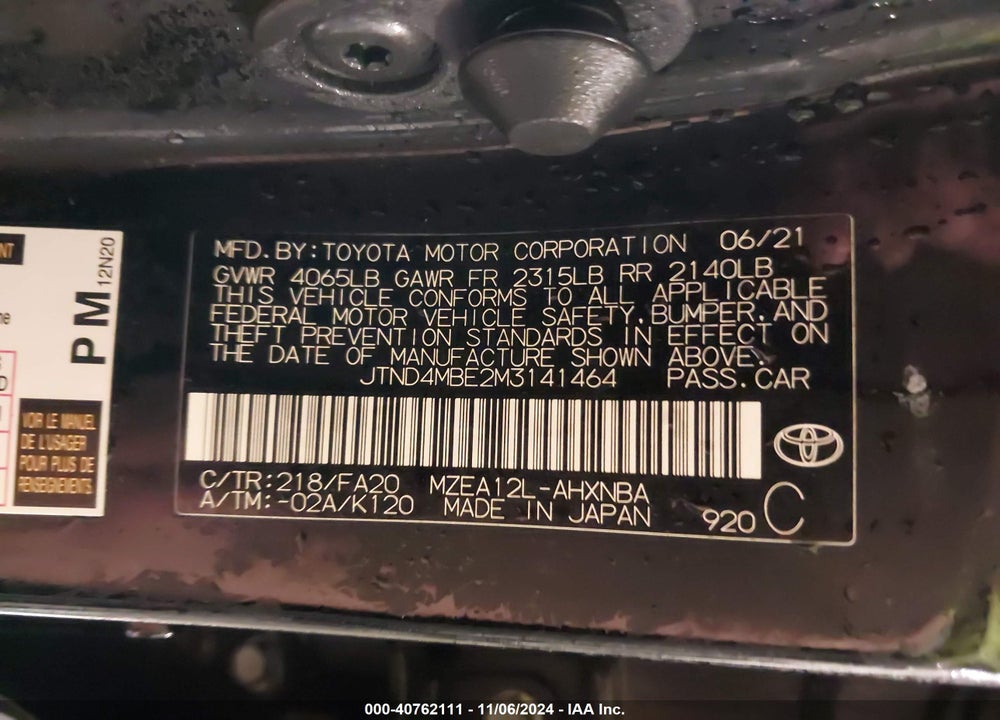 2021 TOYOTA COROLLA SE NIGHTSHADE EDITION VIN: JTND4MBE2M3141464