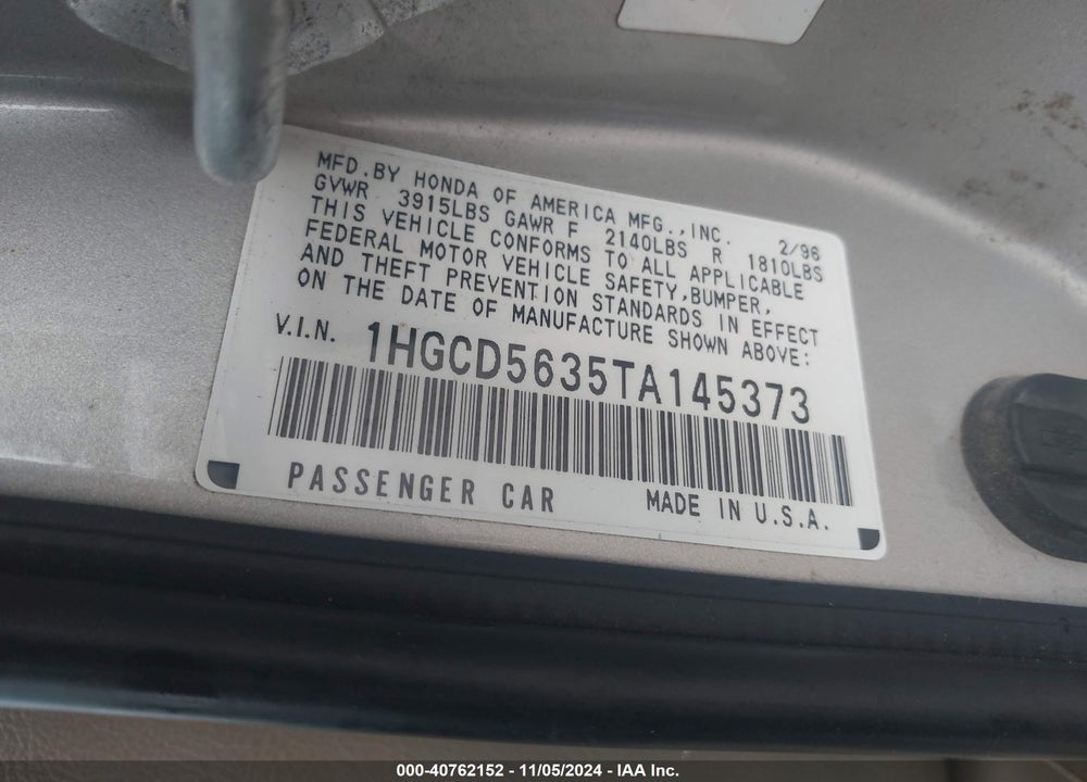1996 HONDA ACCORD LX/EX VIN: 1HGCD5635TA145373
