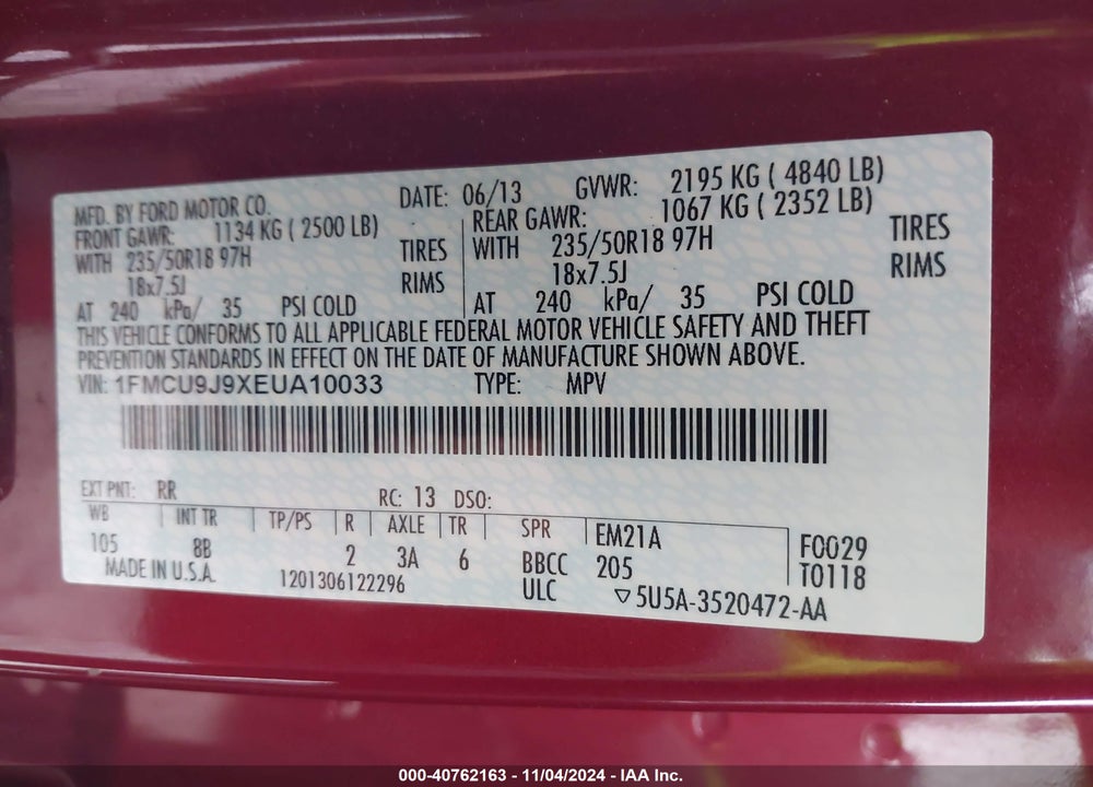 2014 FORD ESCAPE TITANIUM VIN: 1FMCU9J9XEUA10033