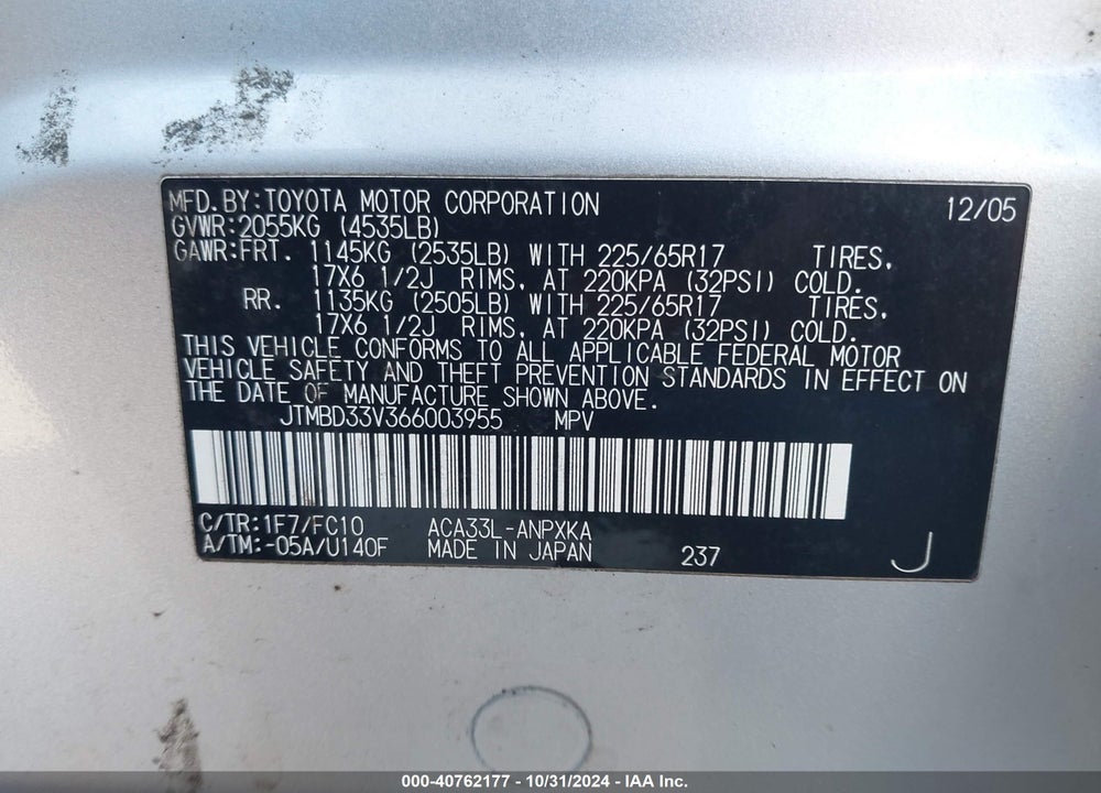 2006 TOYOTA RAV4 VIN: JTMBD33V366003955