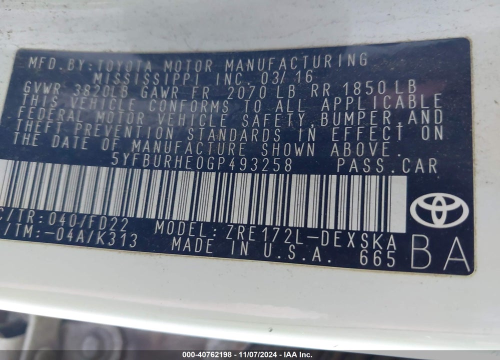 2016 TOYOTA COROLLA S VIN: 5YFBURHE0GP493258