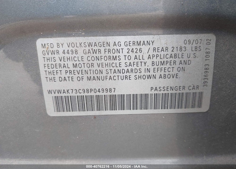 2008 VOLKSWAGEN PASSAT KOMFORT VIN: WVWAK73C98P049987