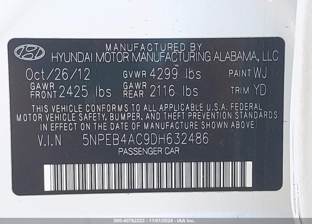 2013 HYUNDAI SONATA GLS VIN: 5NPEB4AC9DH632486