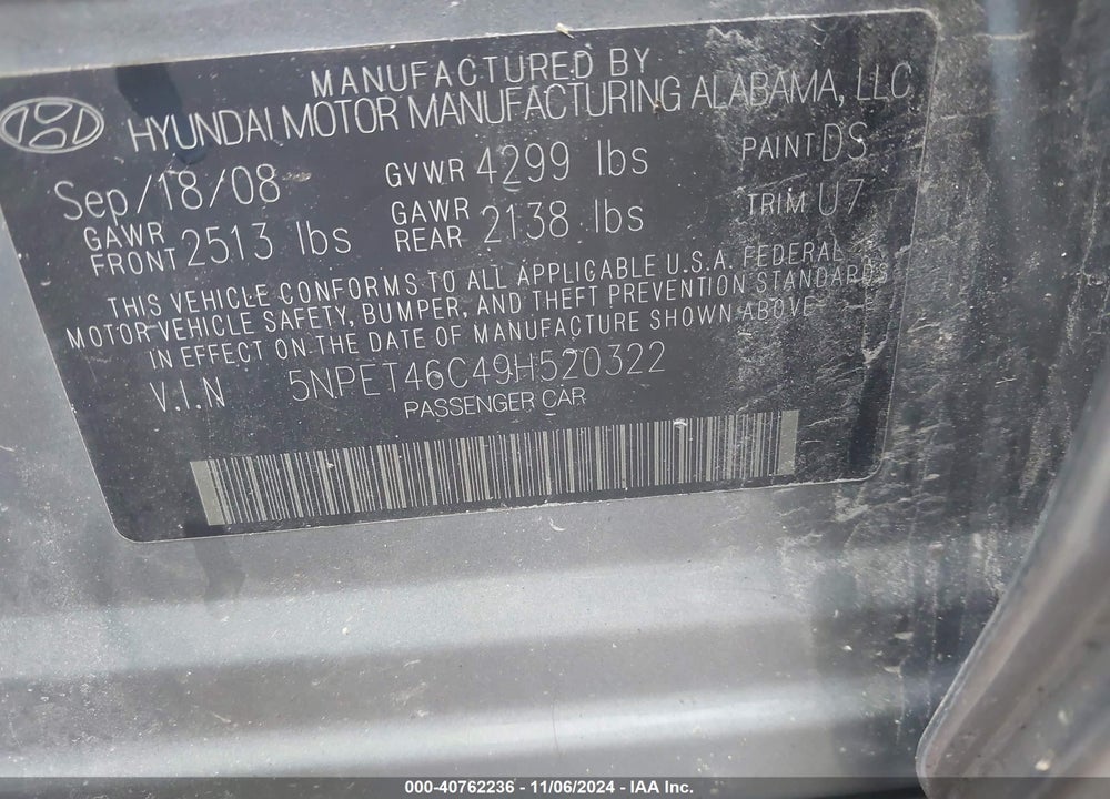 2009 HYUNDAI SONATA GLS VIN: 5NPET46C49H520322