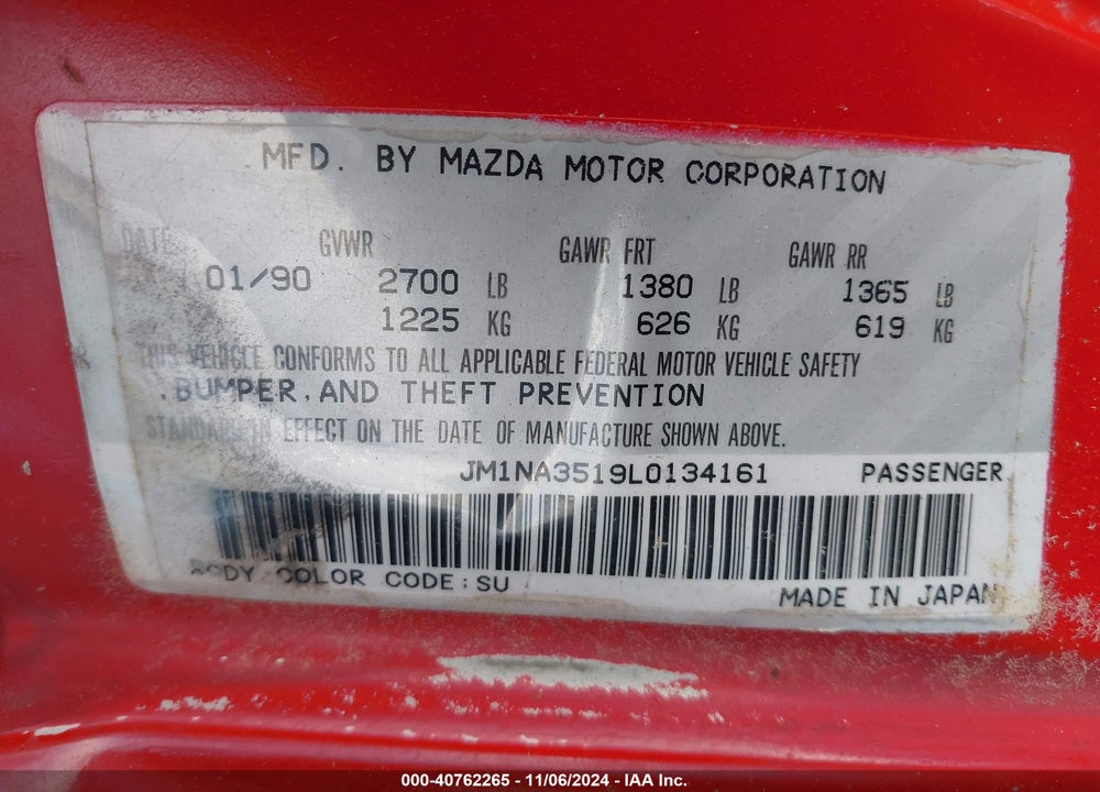 1990 MAZDA MX-5 MIATA VIN: JM1NA3519L0134161