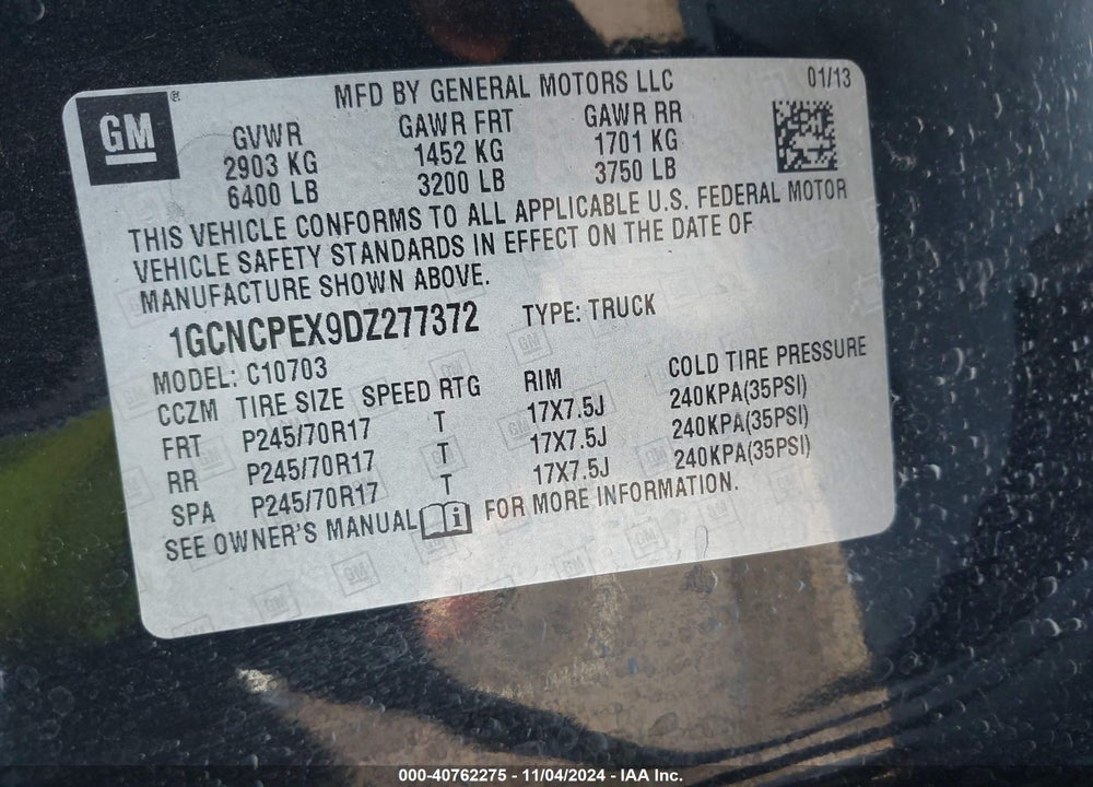 2013 CHEVROLET SILVERADO 1500 WORK TRUCK VIN: 1GCNCPEX9DZ277372