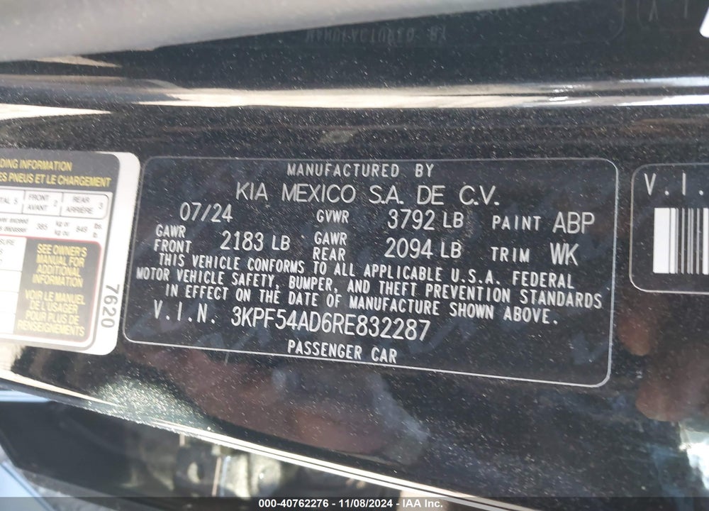2024 KIA FORTE VIN: 3KPF54AD6RE832287