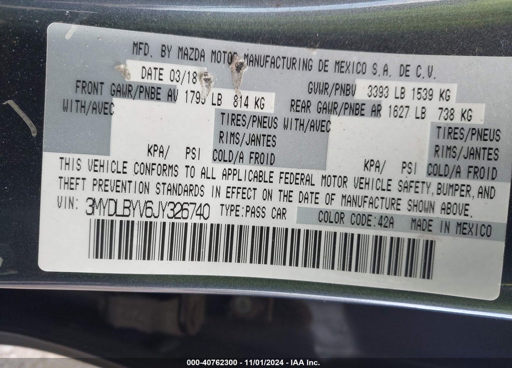 2018 TOYOTA YARIS IA VIN: 3MYDLBYV6JY326740