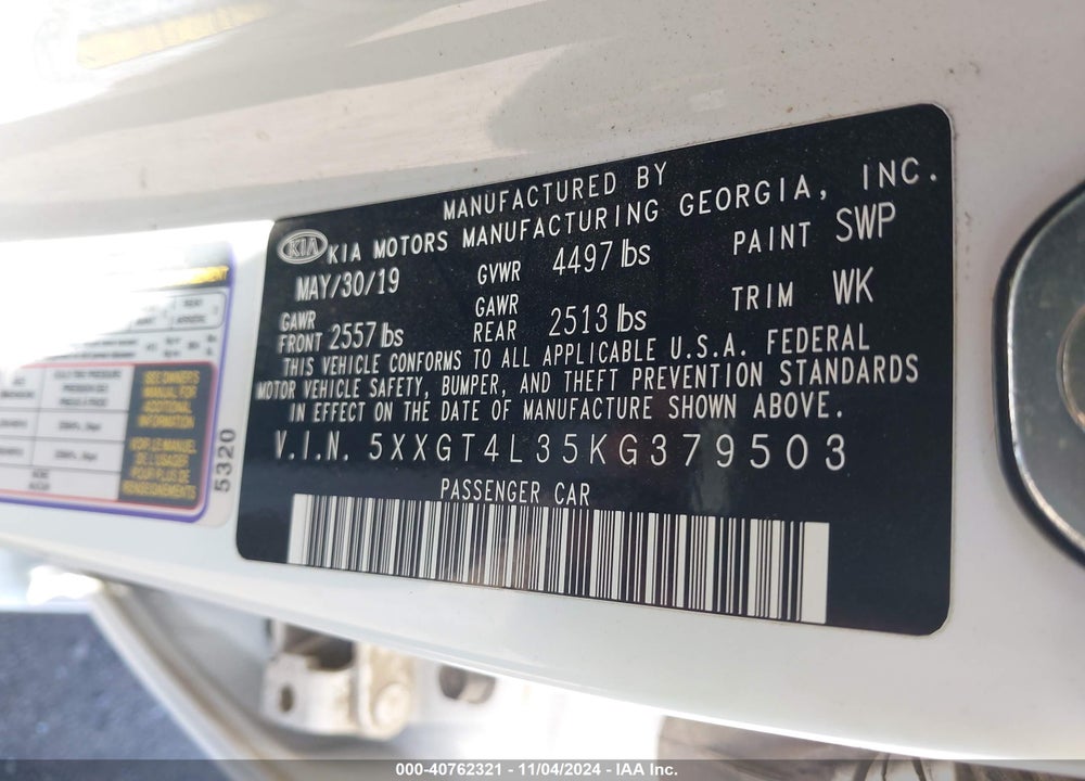 2019 KIA OPTIMA S VIN: 5XXGT4L35KG379503