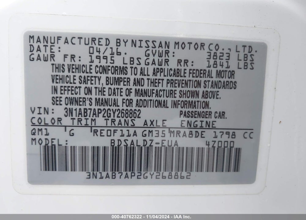 2016 NISSAN SENTRA SV VIN: 3N1AB7AP2GY268862