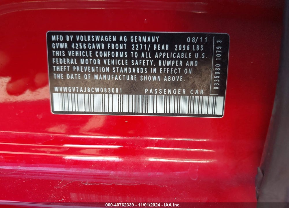 2012 VOLKSWAGEN GTI 4-DOOR VIN: WVWGV7AJ8CW083081