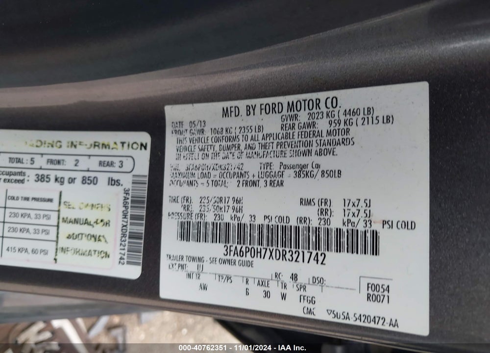 2013 FORD FUSION SE VIN: 3FA6P0H7XDR321742