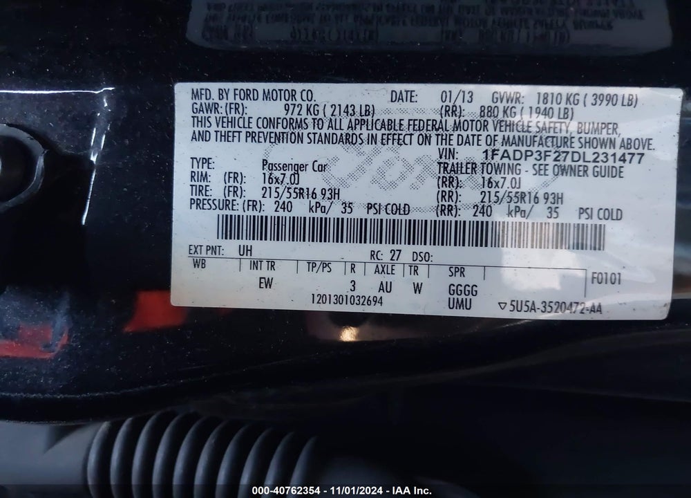 2013 FORD FOCUS VIN: 1FADP3F27DL231477