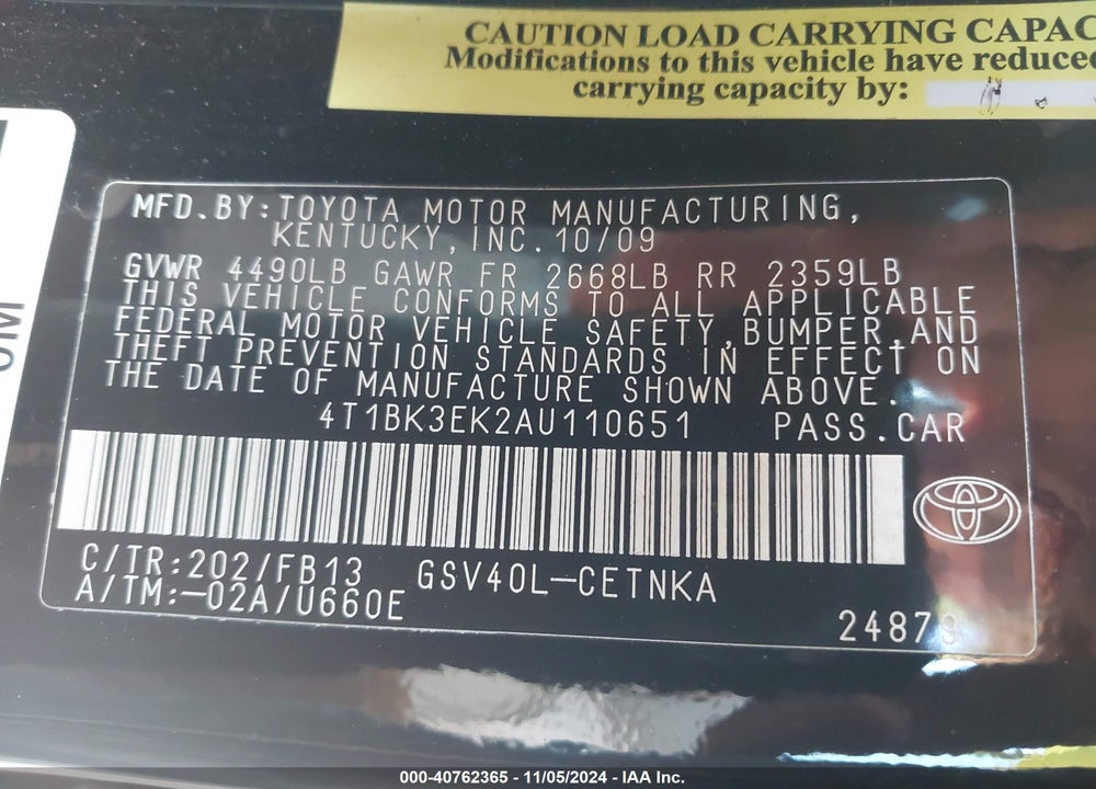 2010 TOYOTA CAMRY LE V6 VIN: 4T1BK3EK2AU110651