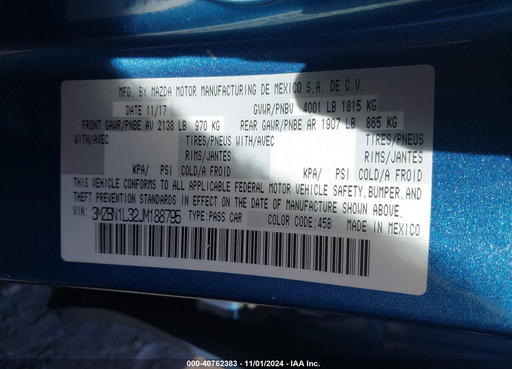 2018 MAZDA 3 TOURING VIN: 3MZBN1L32JM188795