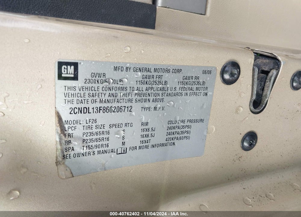 2006 CHEVROLET EQUINOX LS VIN: 2CNDL13F866206712